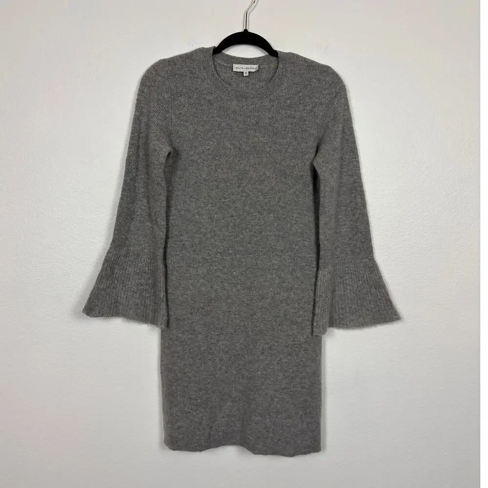 bell cashmere mini dress Autumn Cashmere Patchwork Mini Dress Bell Sleeve, White